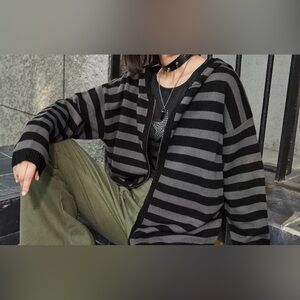 Striped Hooded Open Cardigan Sweater in Black and Gray